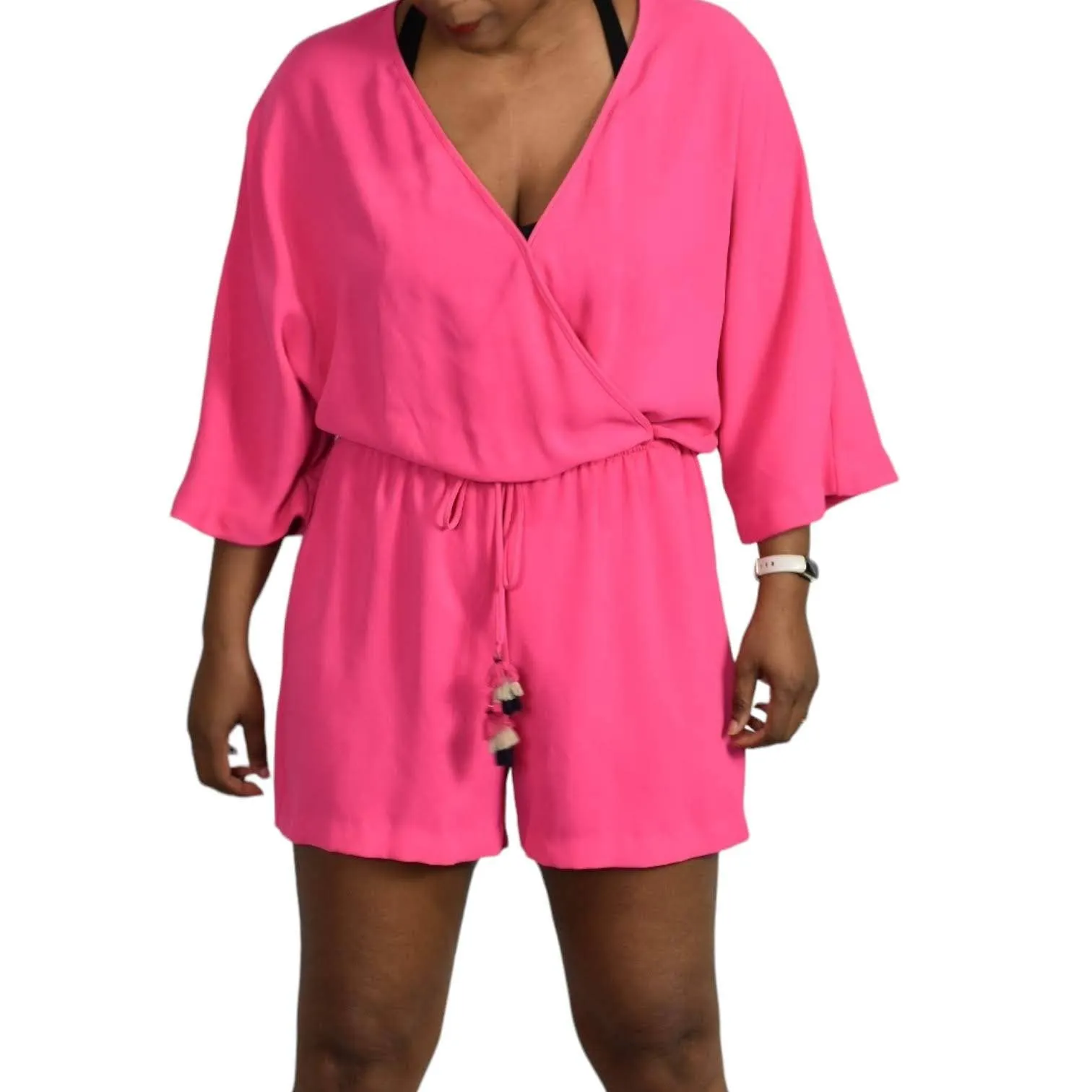 Trina Turk Tori Romper Hot Pink Playsuit Drawstring Shorts Blouson Travel Size Medium