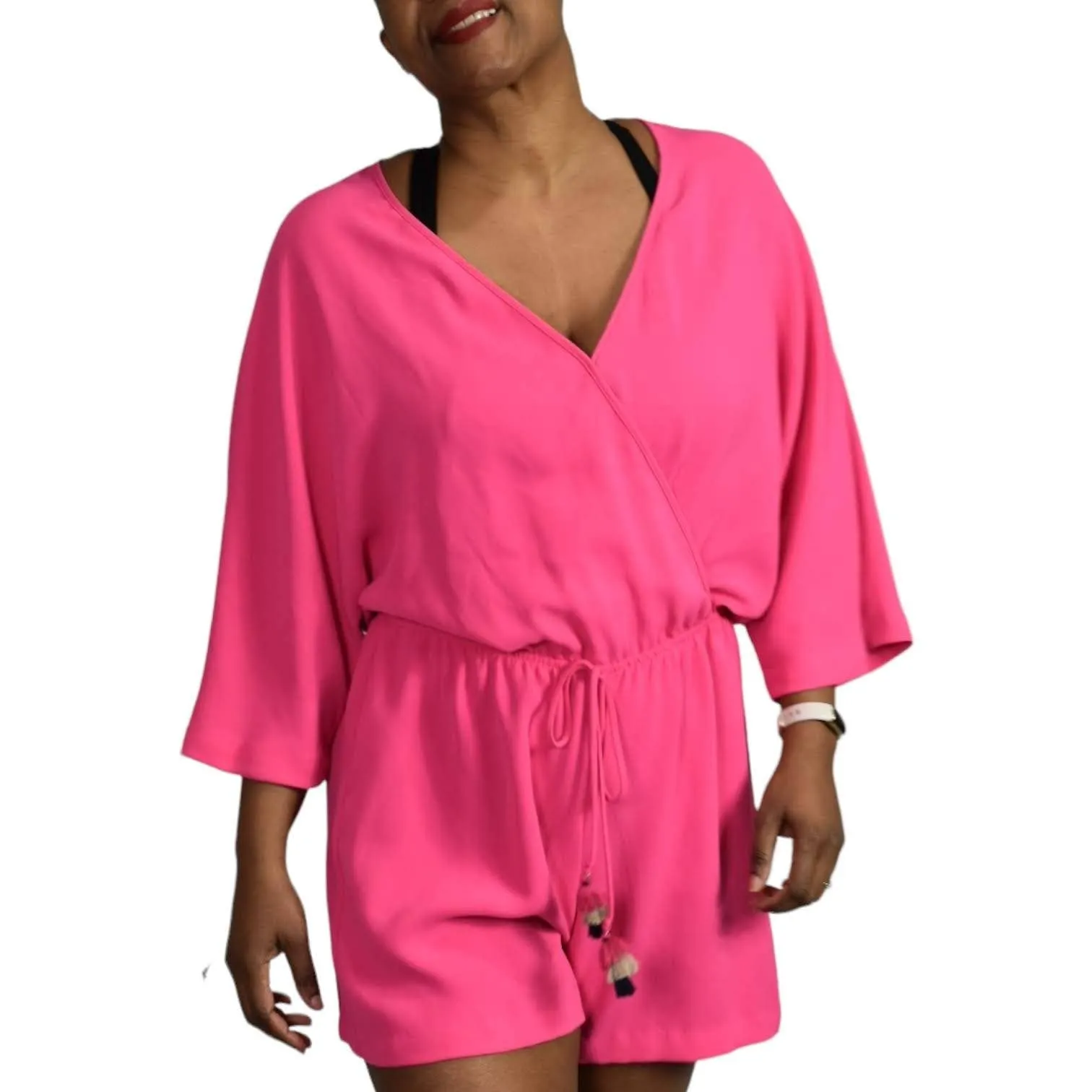 Trina Turk Tori Romper Hot Pink Playsuit Drawstring Shorts Blouson Travel Size Medium