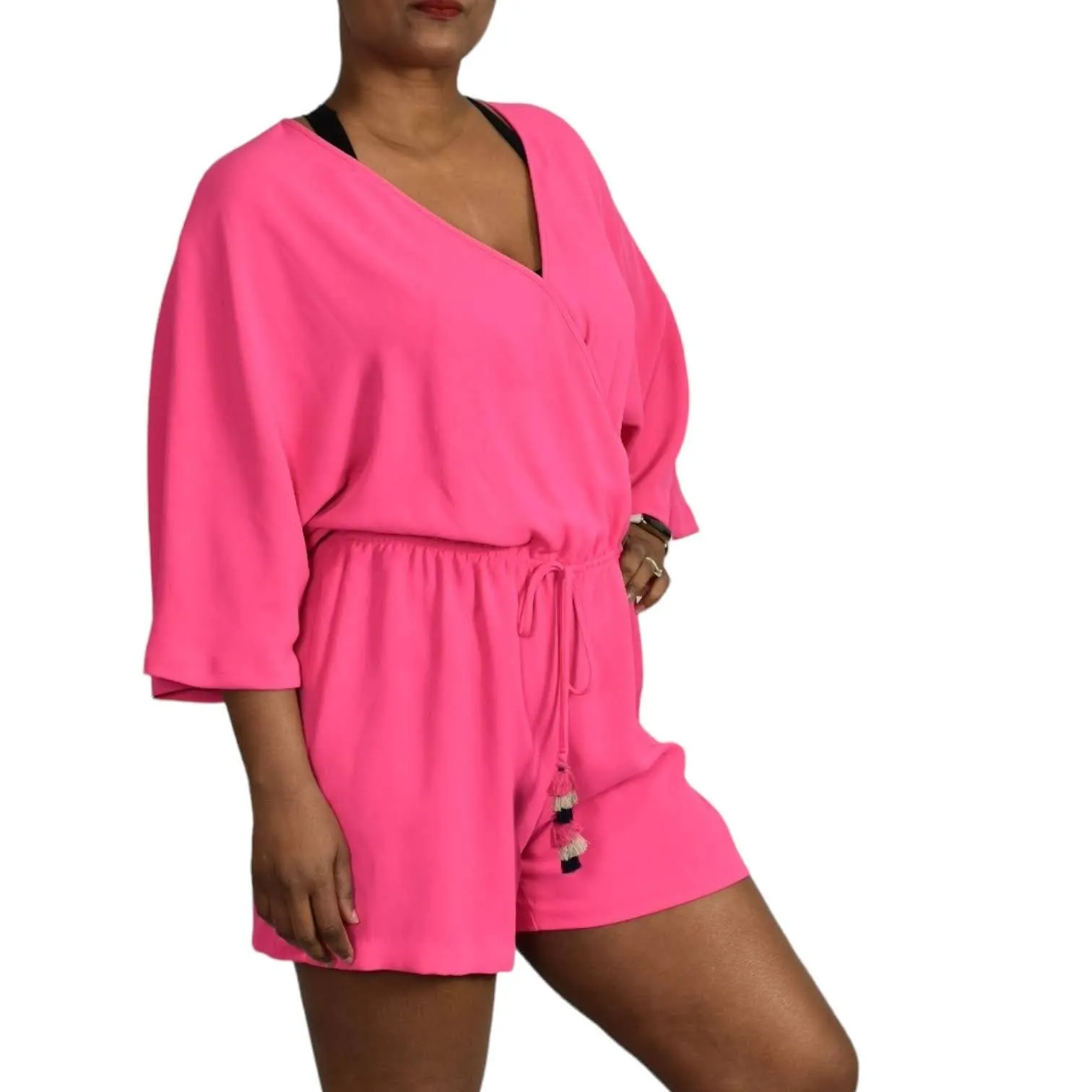 Trina Turk Tori Romper Hot Pink Playsuit Drawstring Shorts Blouson Travel Size Medium