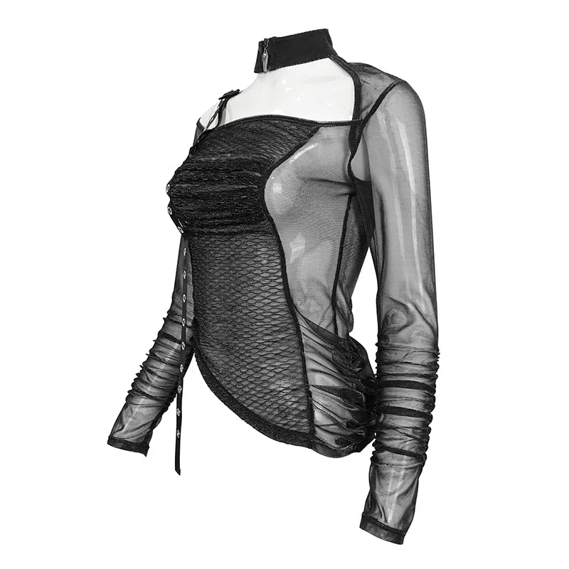 TT234 black Long Sleeve Asymmetric Mesh T-shirt