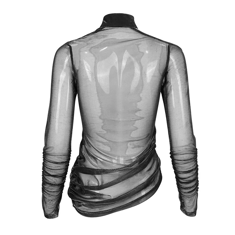 TT234 black Long Sleeve Asymmetric Mesh T-shirt