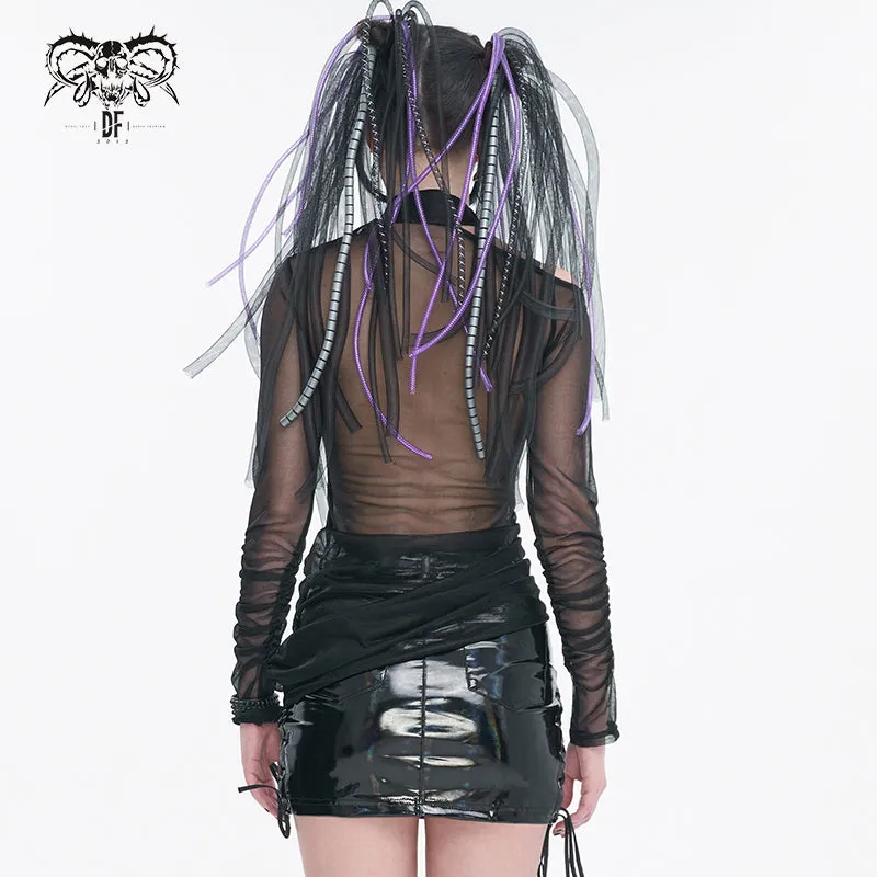 TT234 black Long Sleeve Asymmetric Mesh T-shirt