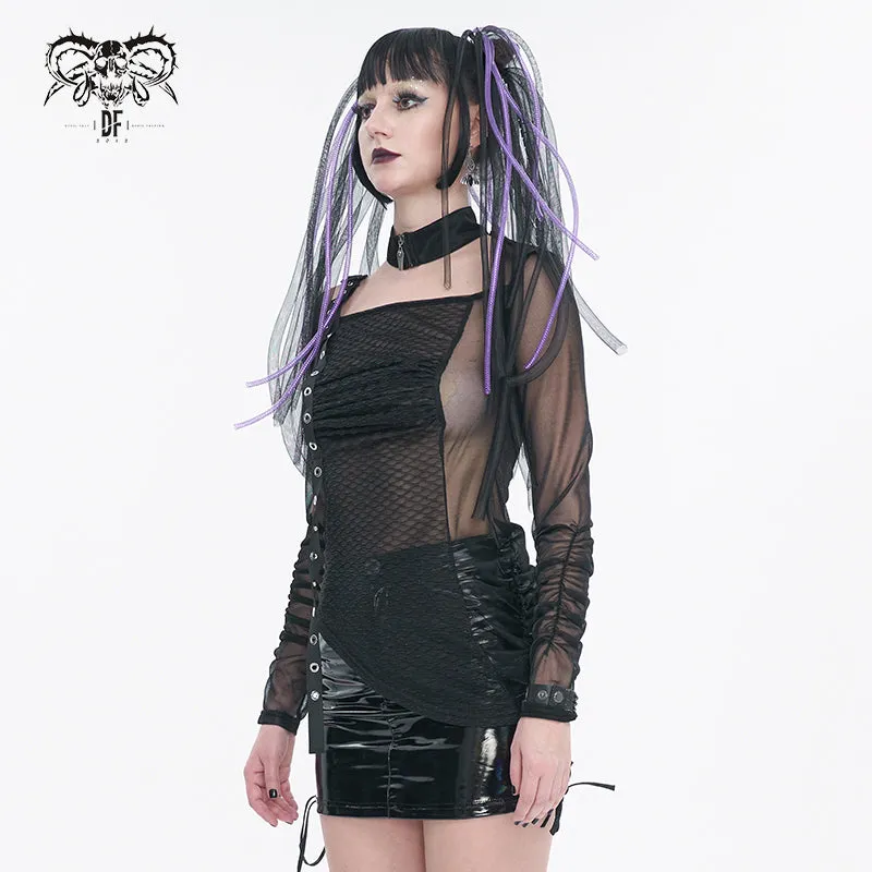 TT234 black Long Sleeve Asymmetric Mesh T-shirt
