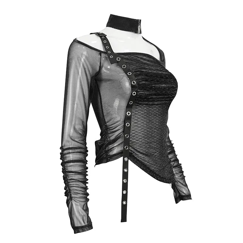 TT234 black Long Sleeve Asymmetric Mesh T-shirt
