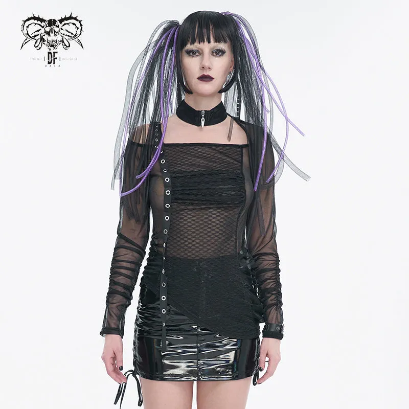 TT234 black Long Sleeve Asymmetric Mesh T-shirt