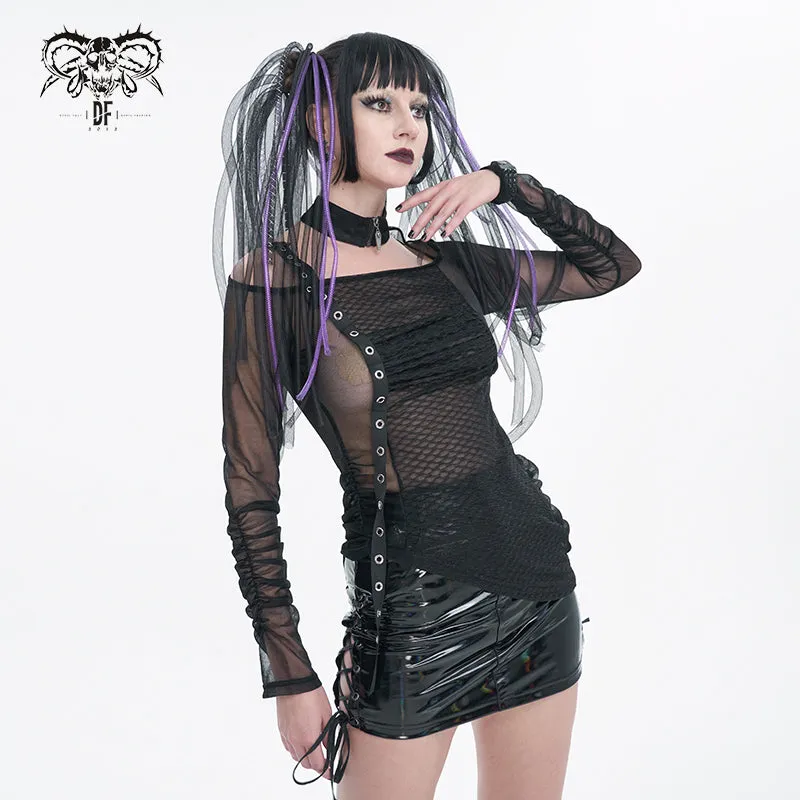 TT234 black Long Sleeve Asymmetric Mesh T-shirt