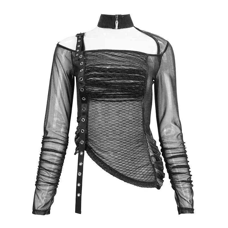 TT234 black Long Sleeve Asymmetric Mesh T-shirt