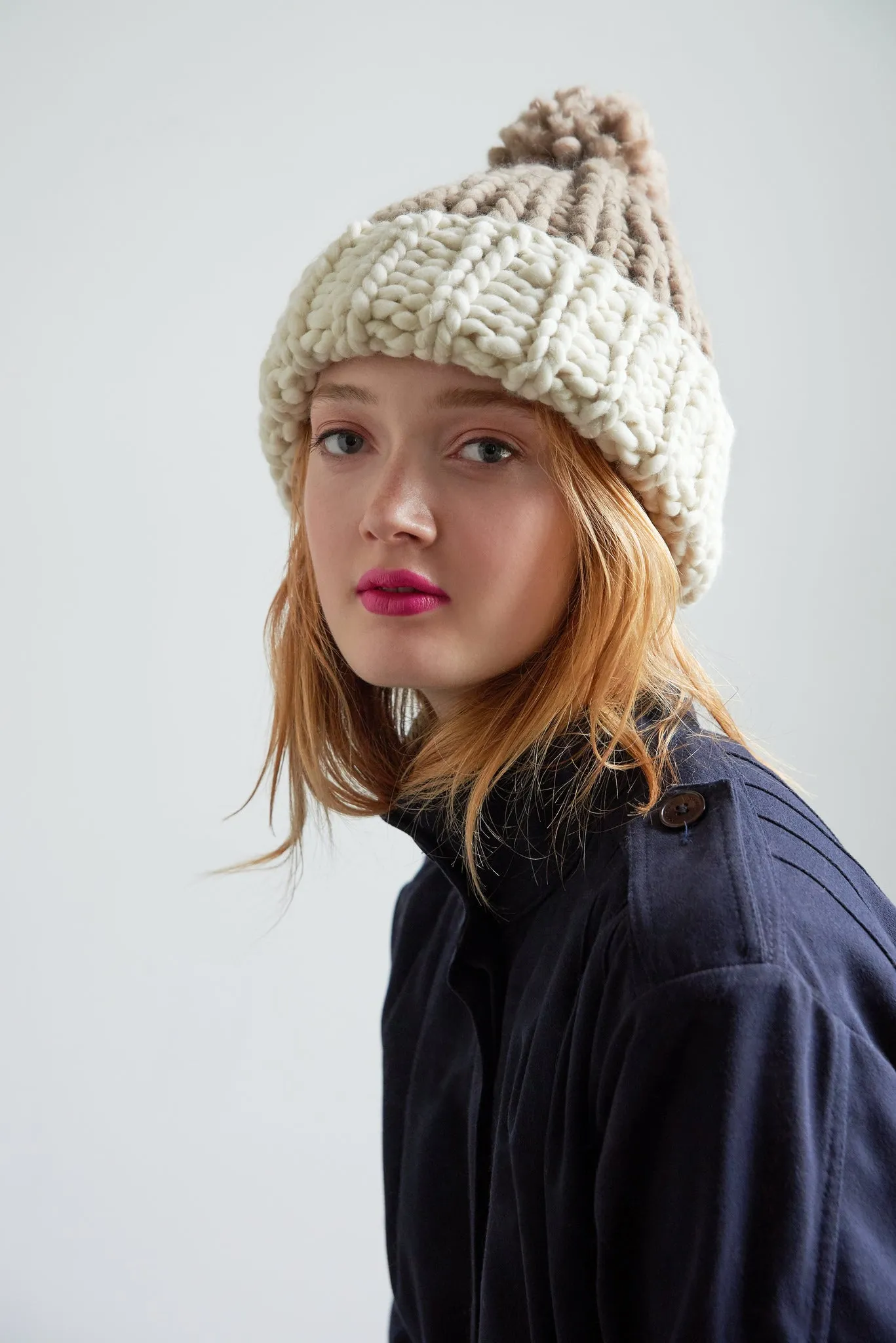 Two Tone Pompom Beanie - Merino