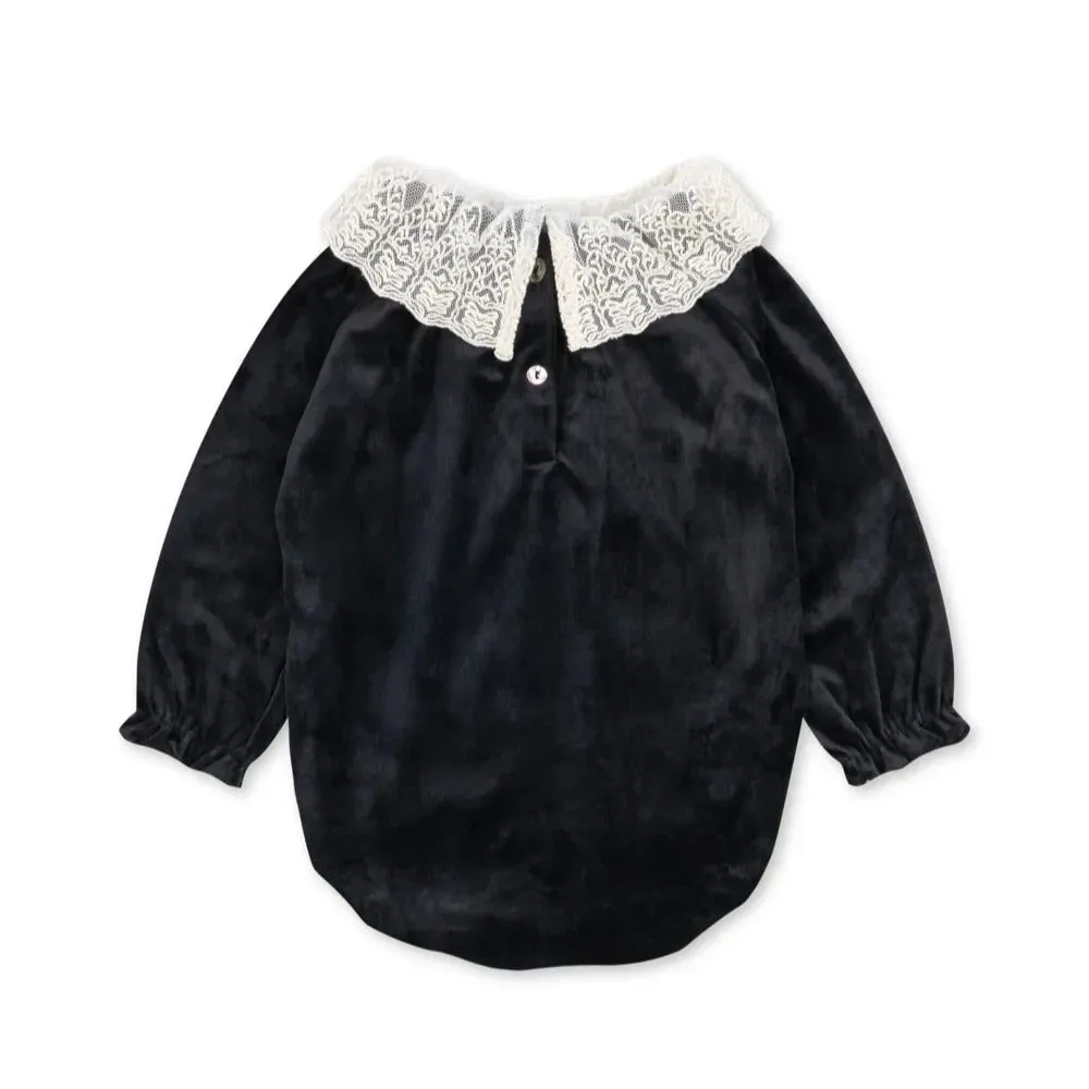 Venola Lace Collared Velvet Baby Romper (Black)