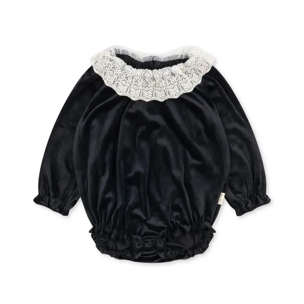 Venola Lace Collared Velvet Baby Romper (Black)
