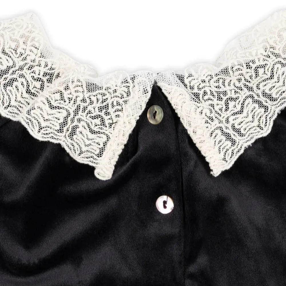 Venola Lace Collared Velvet Baby Romper (Black)