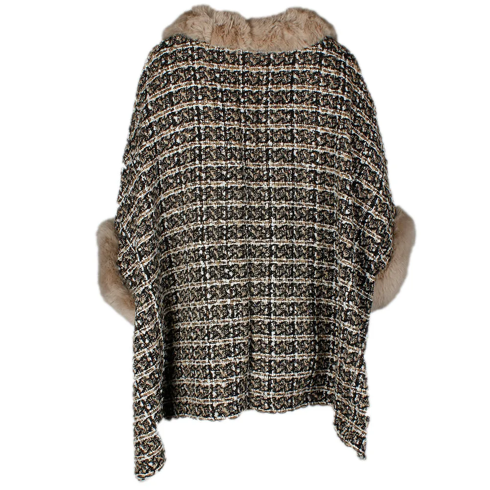 Very Moda Women's Faux Fur Trimmed Tweed Pattern Cape