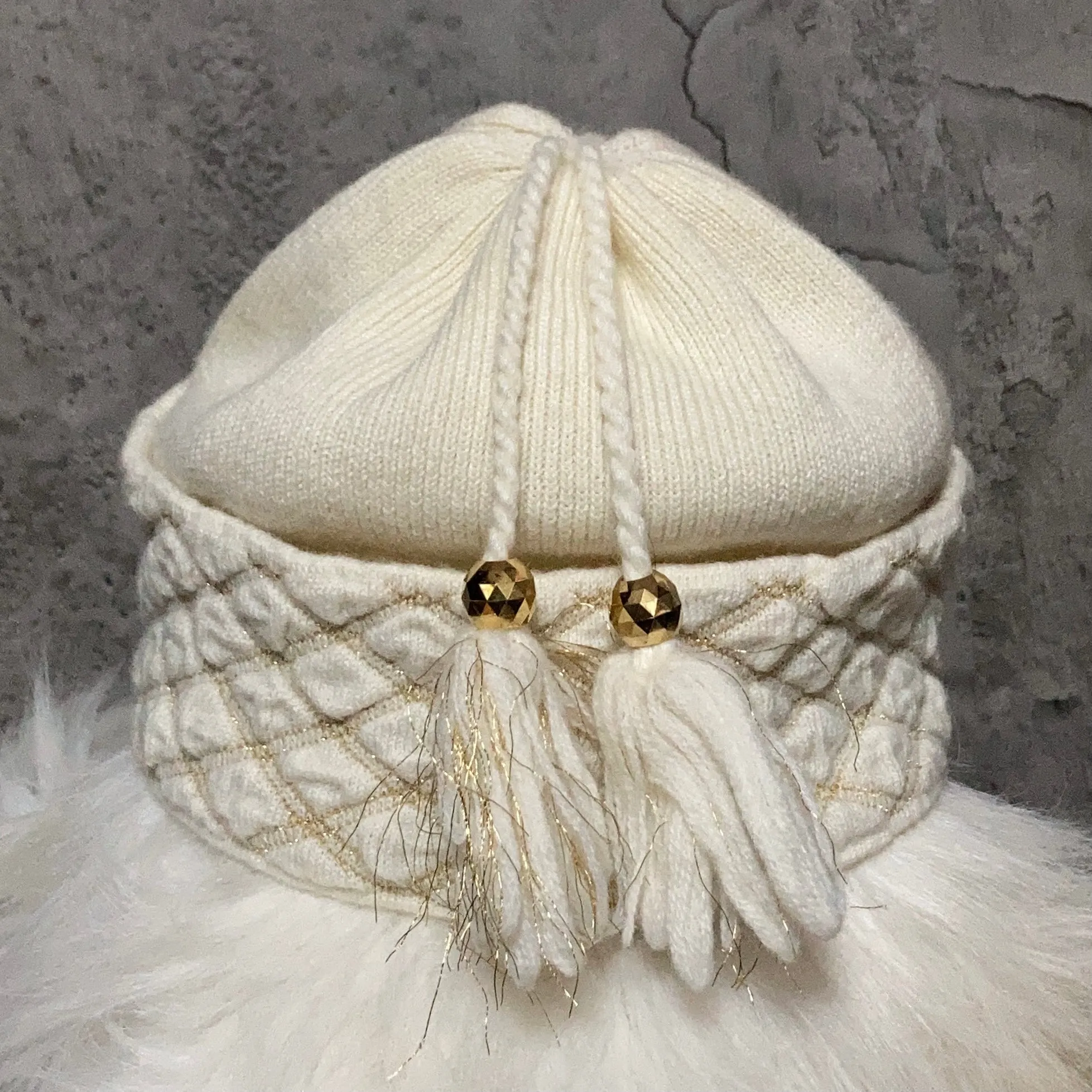 white gold fringe knit cap