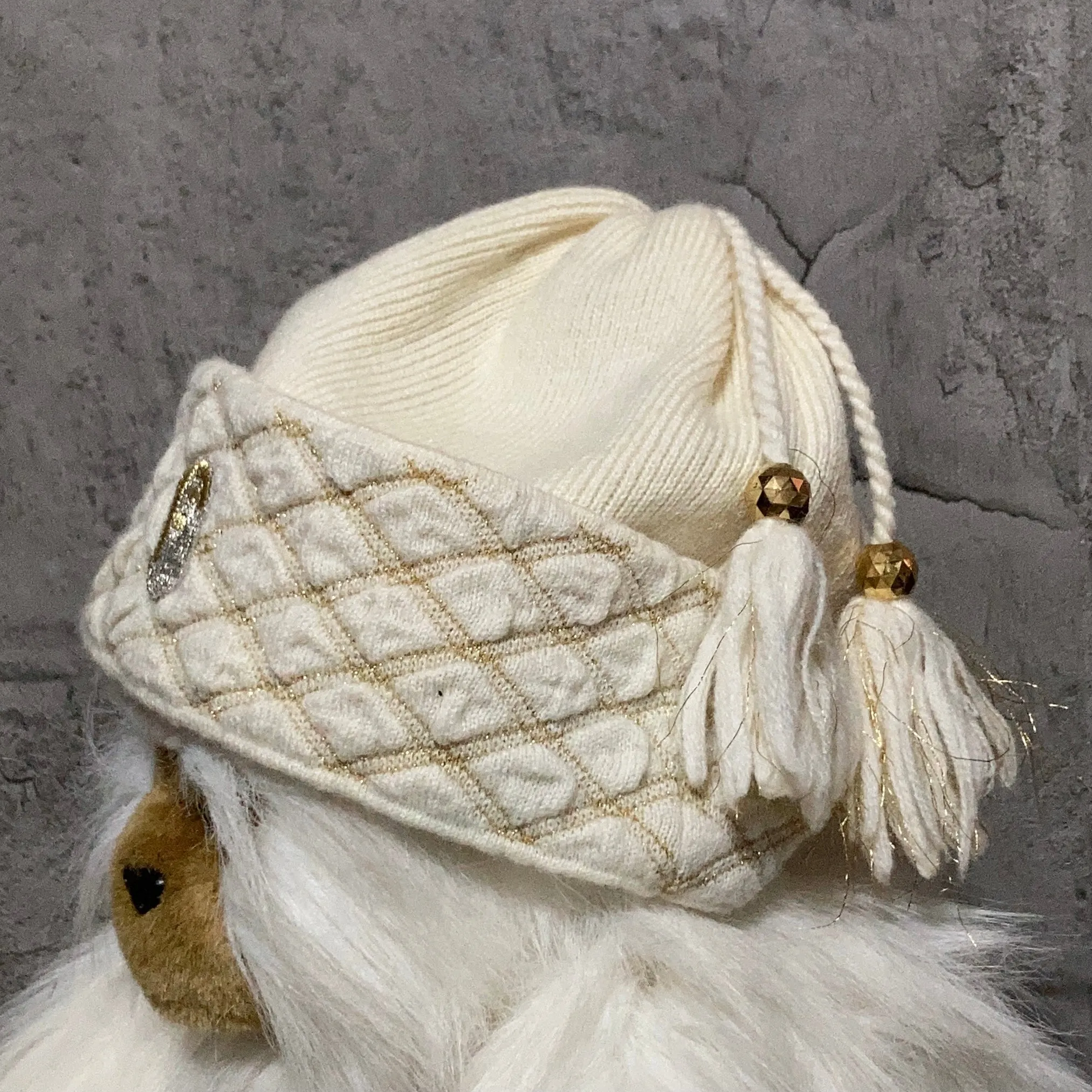 white gold fringe knit cap