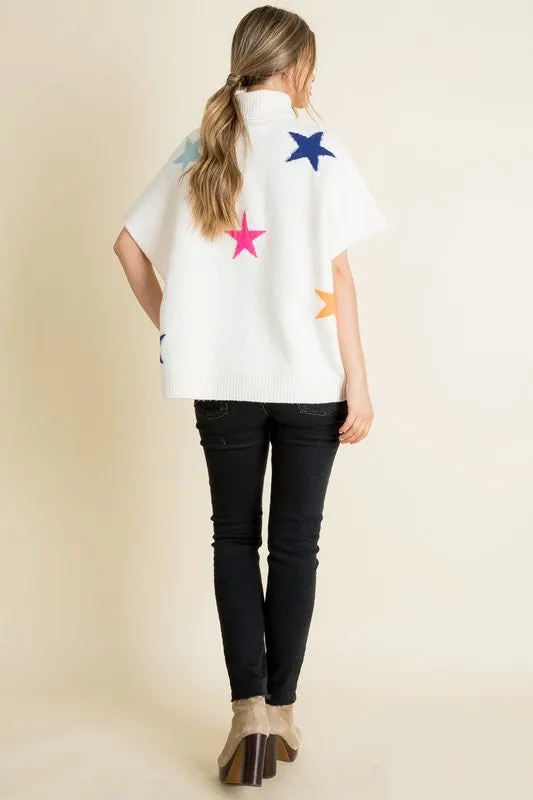 White/Multi Star Sweater Poncho