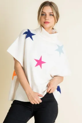 White/Multi Star Sweater Poncho