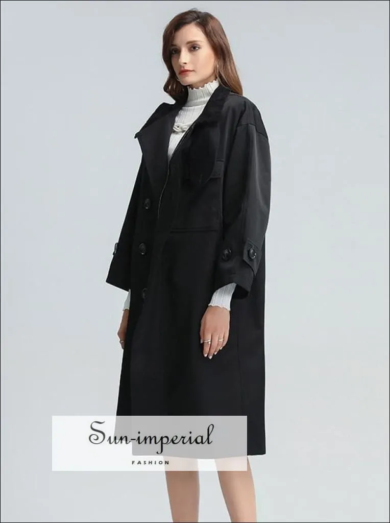 Women Black Loose Long Sleeve Windbreaker with Turtleneck and Belt Details