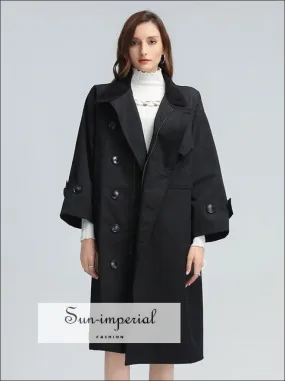 Women Black Loose Long Sleeve Windbreaker with Turtleneck and Belt Details