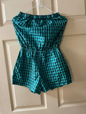 Womens Juniors Small ANGIE Black Green Plaid Strapless Romper One Piece