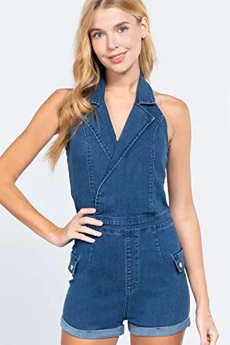 Women's Notched Collar Halter Style Neck Denim Romper
