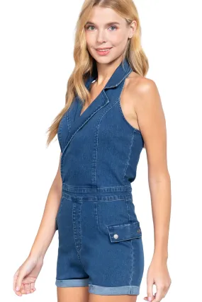 Women's Notched Collar Halter Style Neck Denim Romper