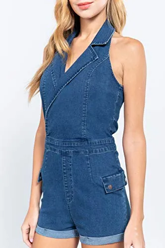 Women's Notched Collar Halter Style Neck Denim Romper