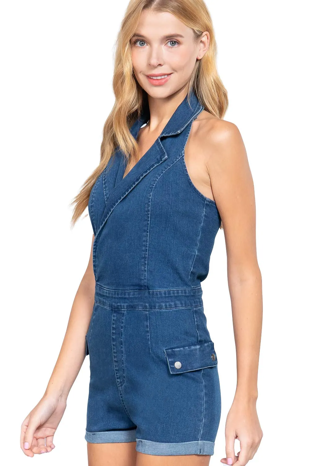 Women's Notched Collar Halter Style Neck Denim Romper