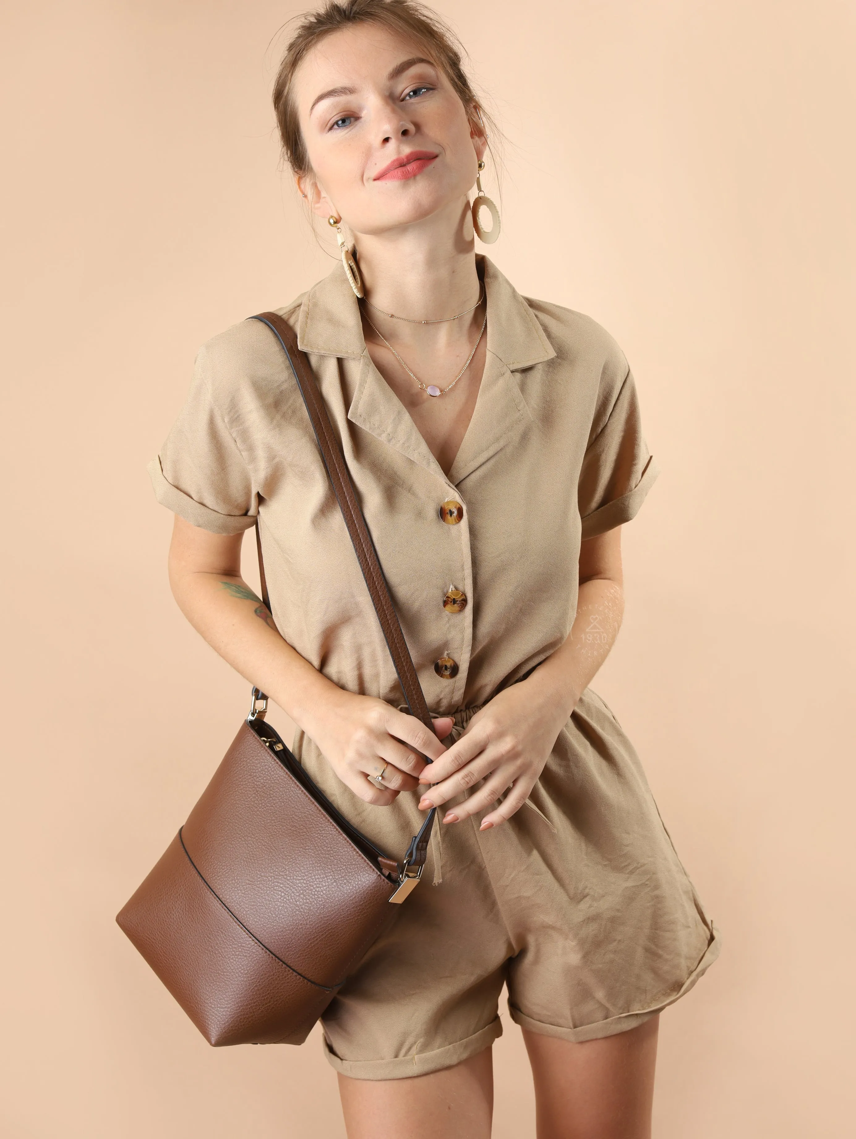 WREN Buttoned Romper (Latte)