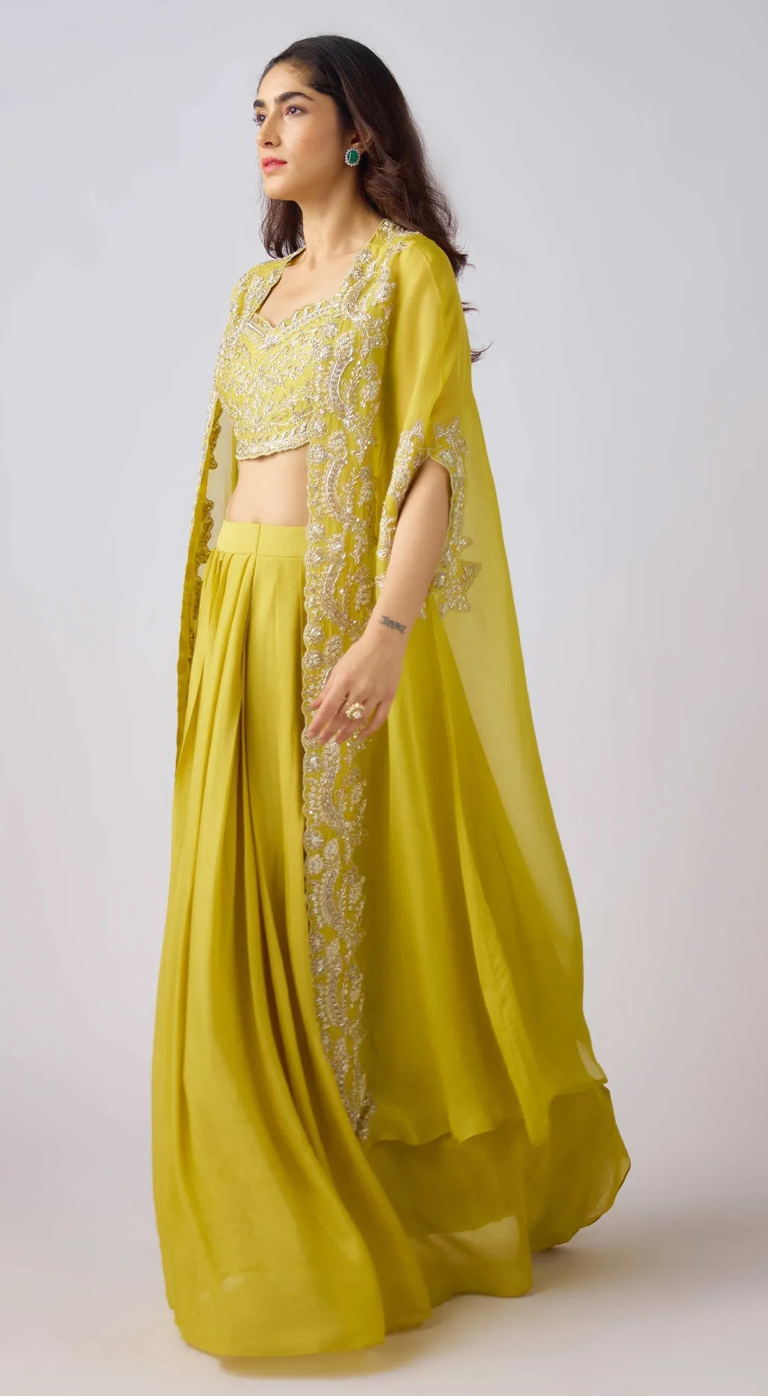 Yellow Silk Embroidered Cape Set