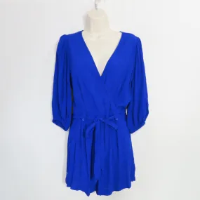 Yumi Kim Liz Romper 3/4 Sleeves Blue Silk Belted Surplice Neckline Size Small