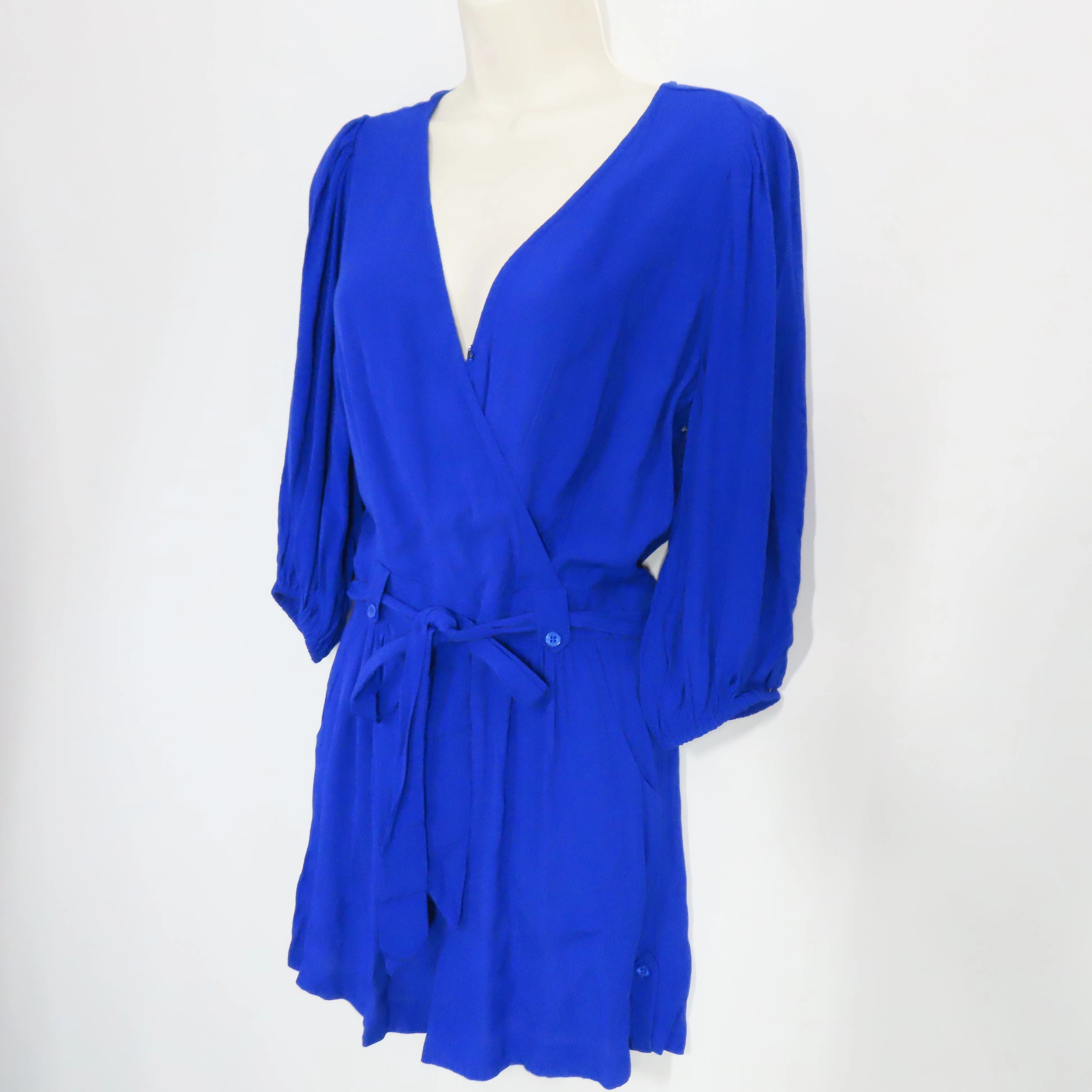 Yumi Kim Liz Romper 3/4 Sleeves Blue Silk Belted Surplice Neckline Size Small
