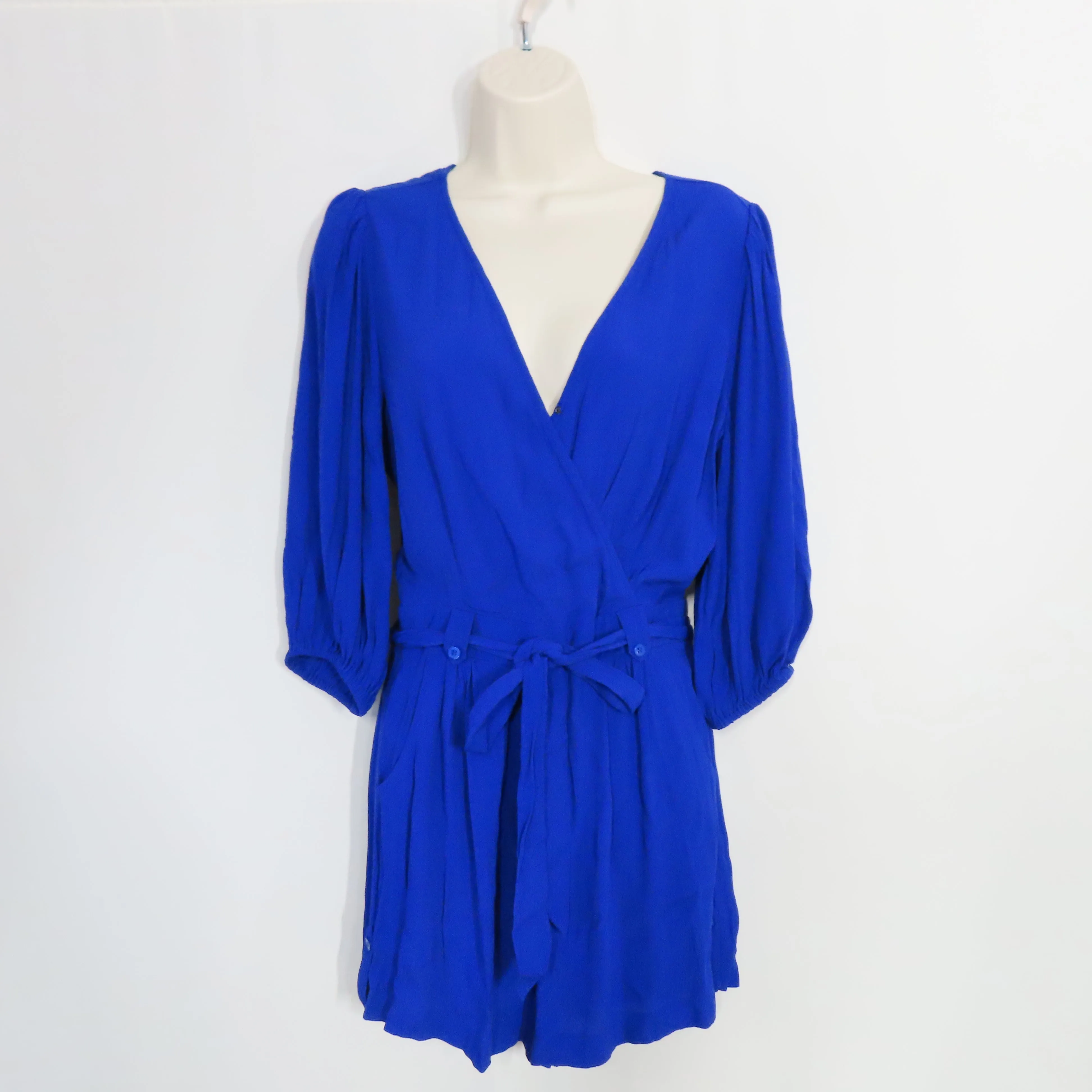 Yumi Kim Liz Romper 3/4 Sleeves Blue Silk Belted Surplice Neckline Size Small